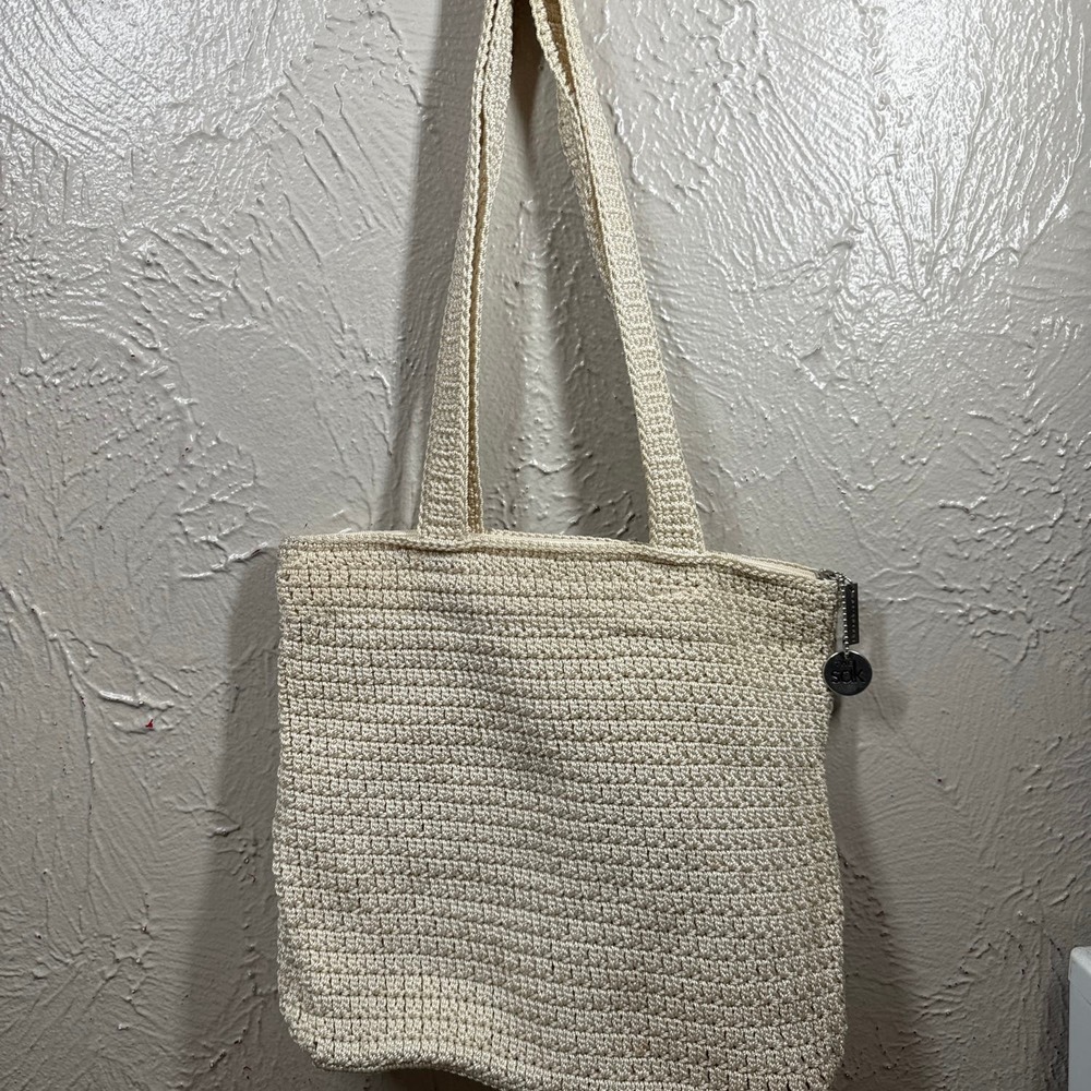 The SAK Crochet Shoulder Handbag‎ Beige Zip Closure Double Shoulder Straps